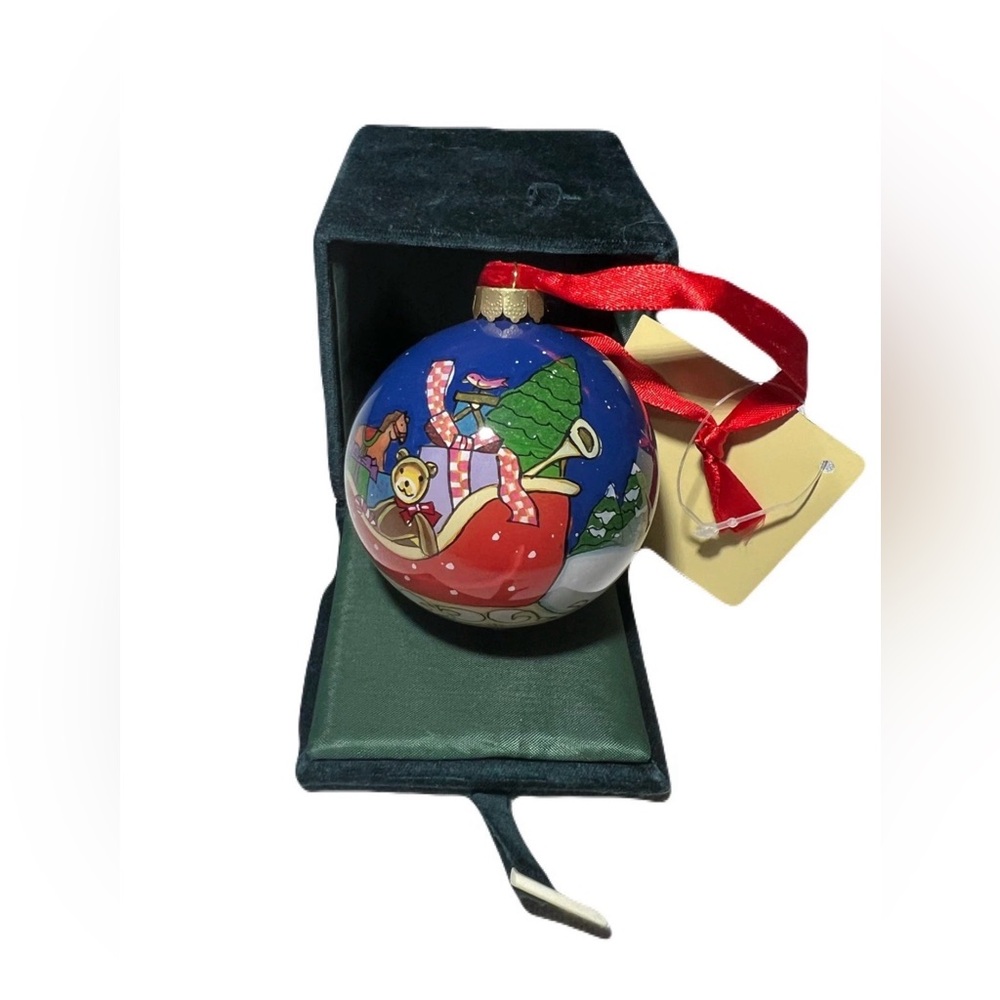 Inside Art Glass Ornament Hand Painted Toys in Santa’s Sleigh Box Christmas